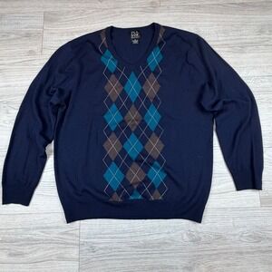 JOS A BANK Mens XL V-Neck Argyle Merino Wool Sweater Navy Blue Teal Long Sleeve